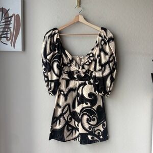 Alexis Iana Black Cream Swirl Print Puff Sleeve Mini Dress Size Large